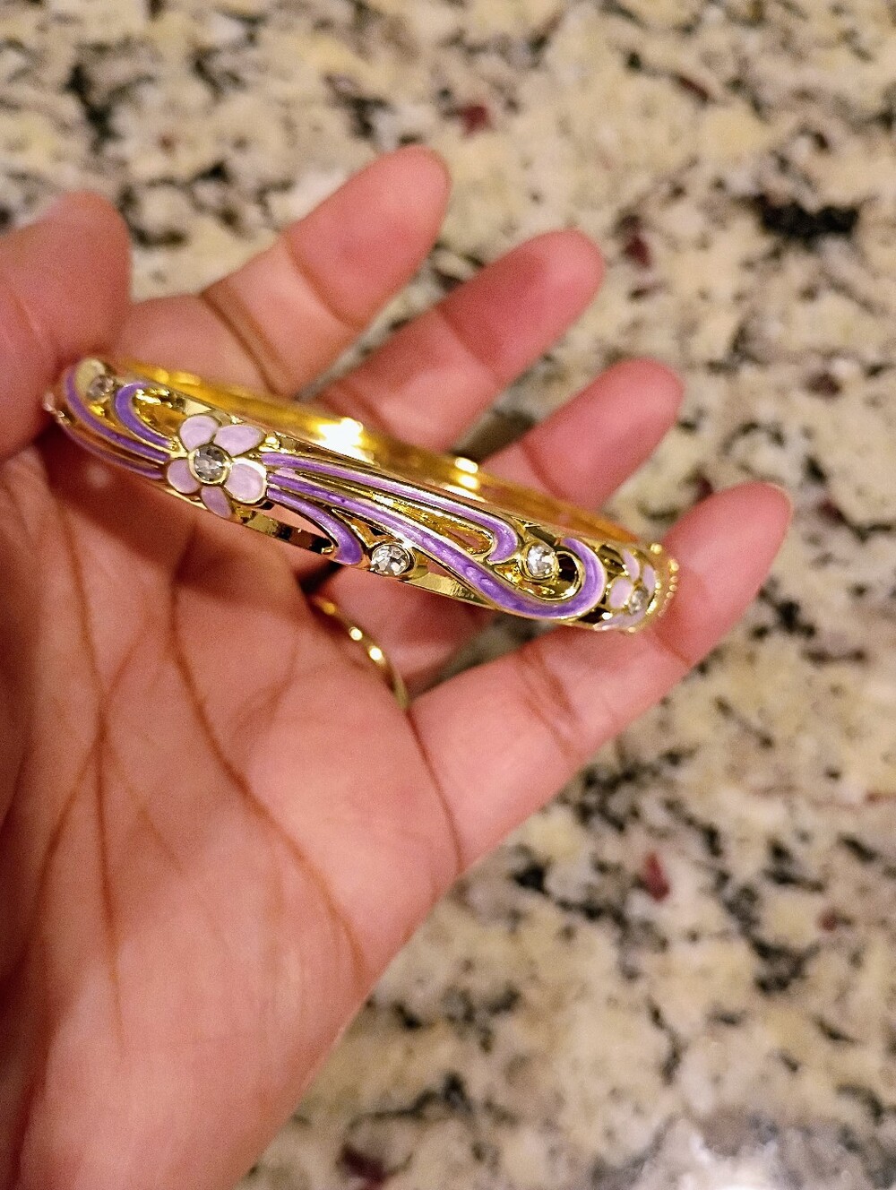 New Gold Tone Purple Floral Enamel Bangle Bracelet